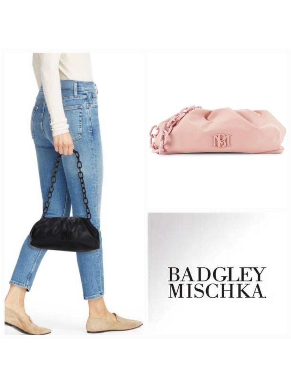 *RARE* Blush Pink Badgley Mischka vegan leather chunky chain convertible clutch - Picture 7 of 16